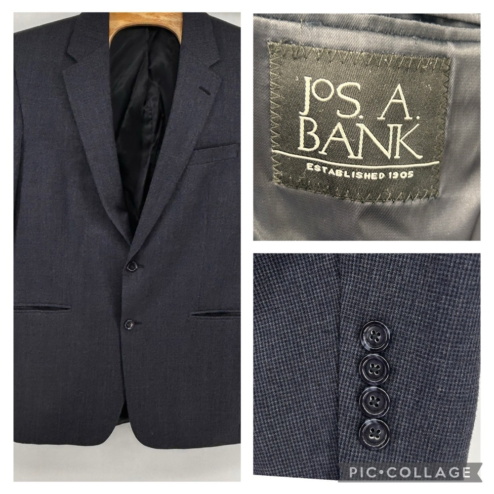 Jos A Banks 42L Blue Mirco Houndstooth Blazer‎ Wool Cashmere Blend Sportscoat